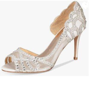XYD White Peep Toe Half D'Orsay Mesh Pump Crystal Studded Slip On High Heel Shoe
